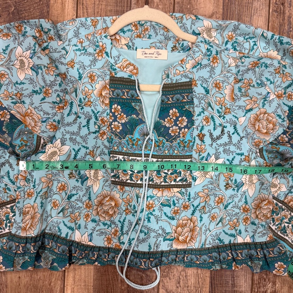 Dee and Rae Turquoise Floral Tiered Boho Mini Dress Small Tassel Flutter Sleeve - Picture 6 of 8